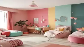 تصميم متعدد الألوان لصبغ جدران غرفة بنات، يمزج بين الوردي والأصفر والأخضر مع أثاث بسيط وأسرة منخفضة.